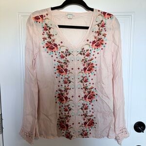 Sundance Satin Embroidered Floral V-Neck Blouse